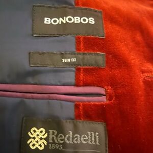 Bonobos Red Velvet Blazer with Navy Lining and Purple Trim